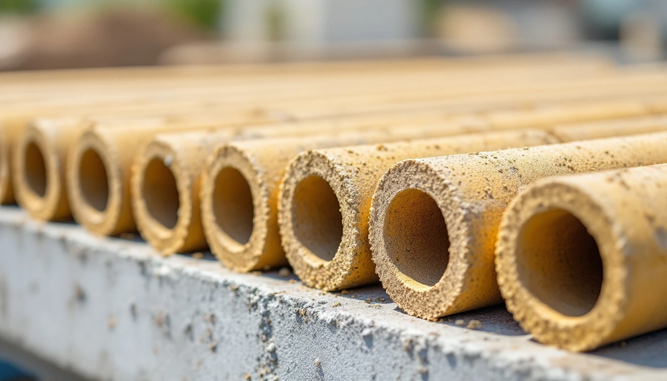 Row of drilled concrete core samples resting on a slab