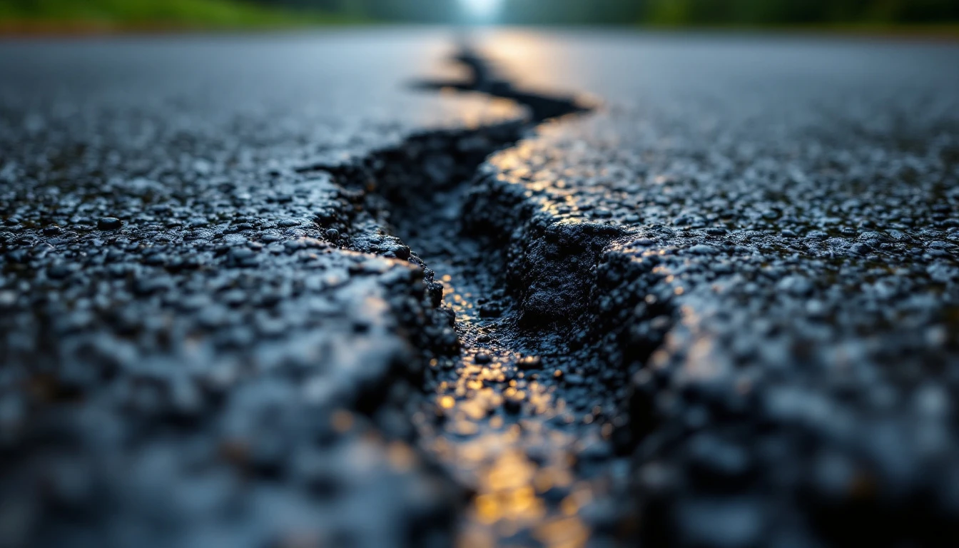 Rubberized filler pressed into an open asphalt crack closeup