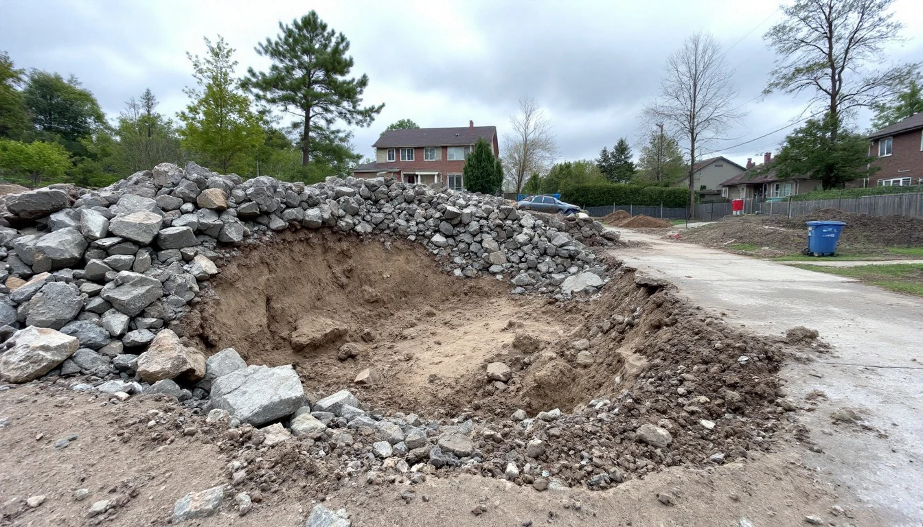 Broken concrete rubble piled beside an excavated drive footprint
