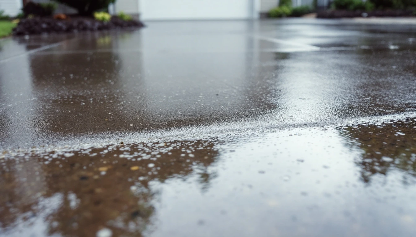 Rainwater sheeting across a gently tilted sealed concrete drive