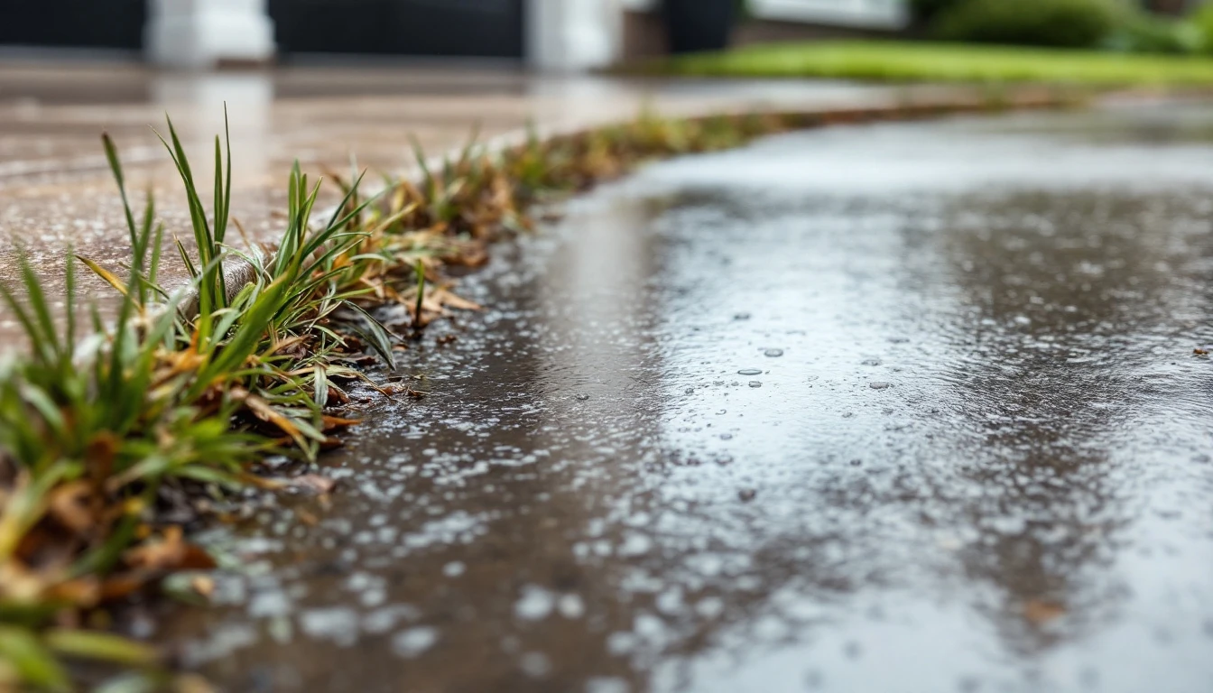 Rainwater sheeting off a sealed concrete driveway toward grass
