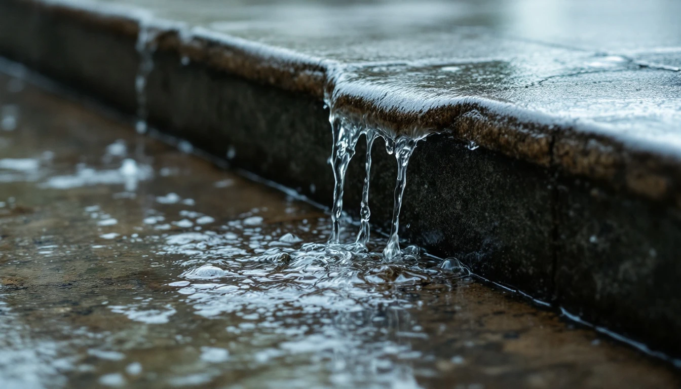 Rainwater streaming off the edge of a sealed concrete slab