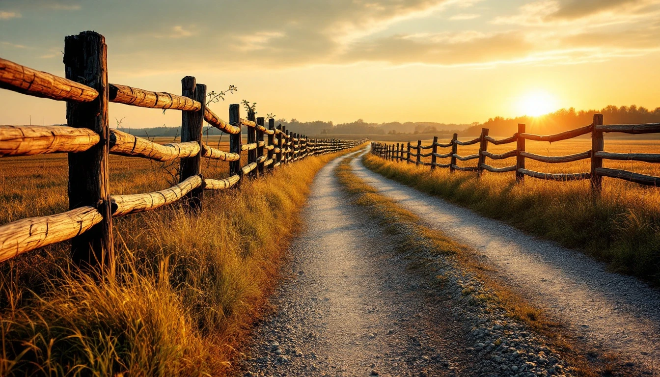 Gravel lane running beside a weathered split rail wooden fence