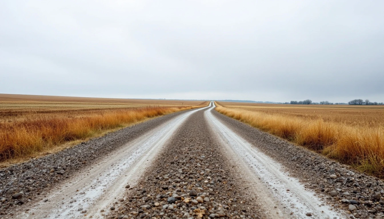 Weathered gravel lane with shallow wheel ruts under overcast skies