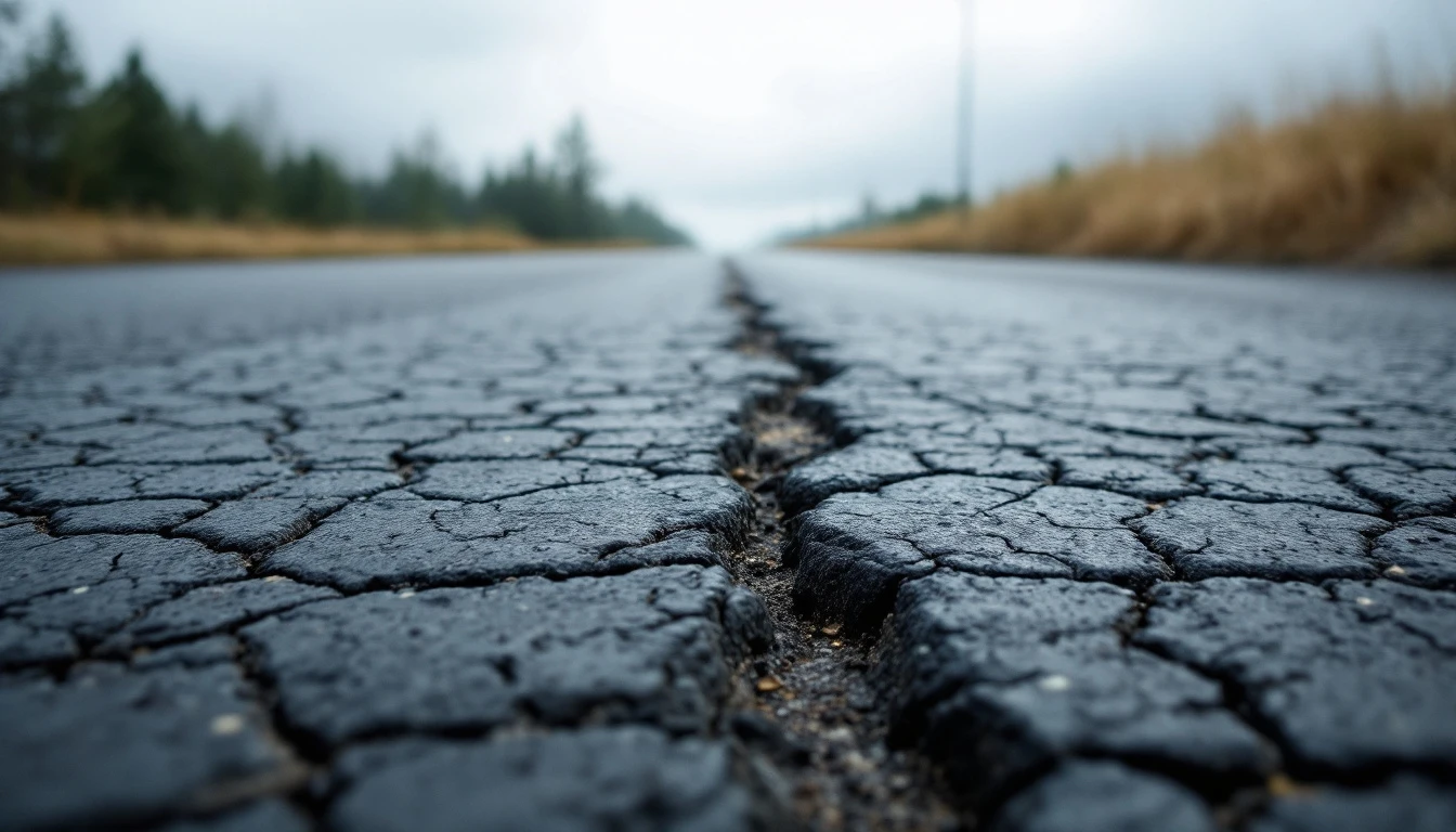 Settled wheel paths and cracks across an uneven asphalt surface