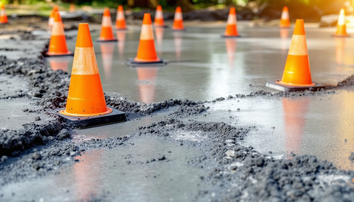 Safety cones set around a freshly poured concrete driveway section