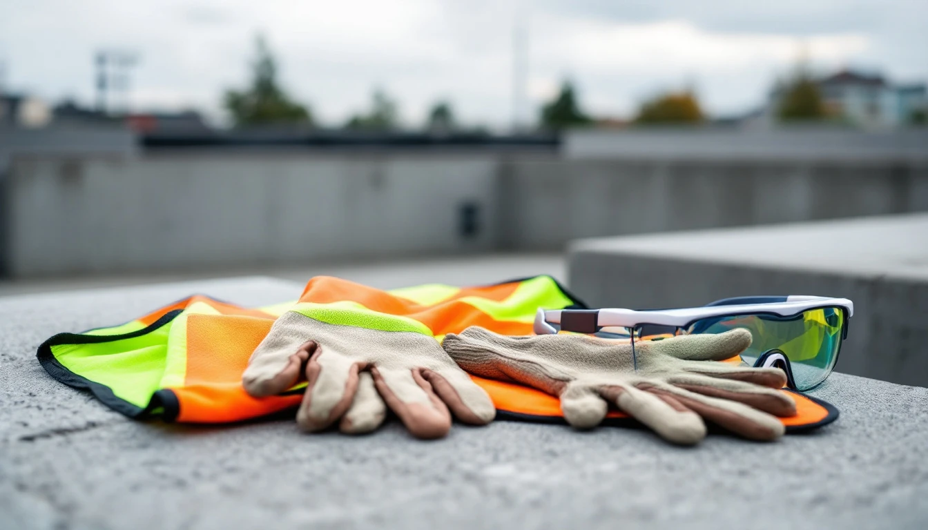 Safety glasses work gloves and high visibility vest laid on concrete