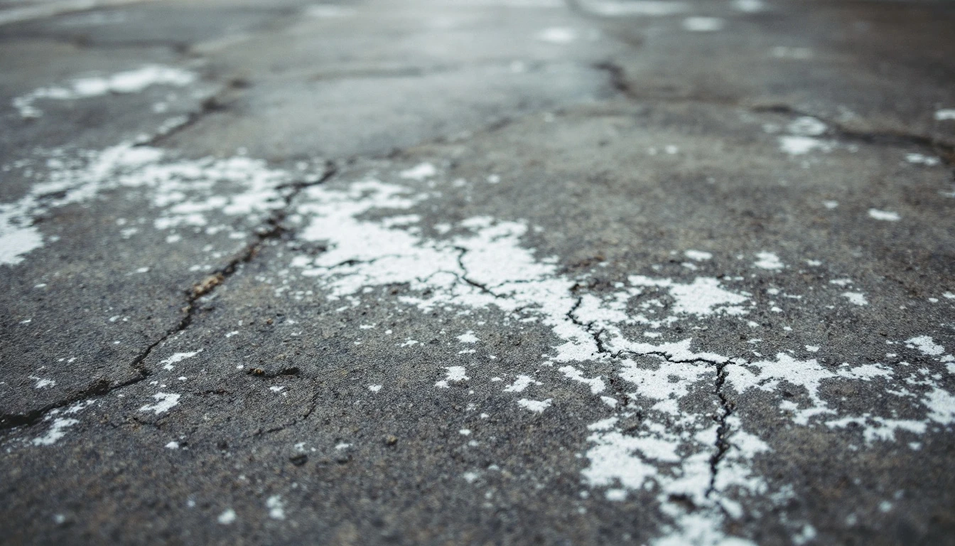 Pitted salt damaged concrete surface with crumbling white patches