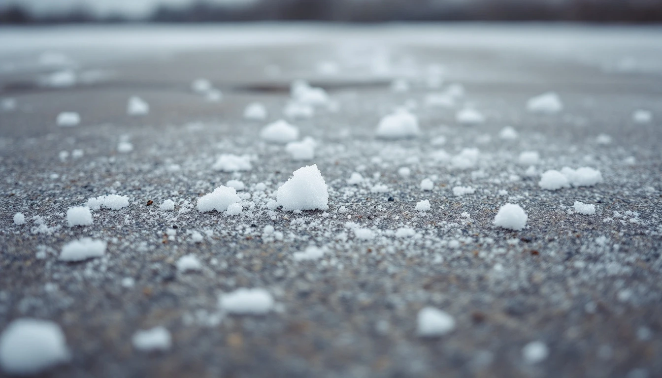 Salt granules scattered across a frosted gray concrete slab