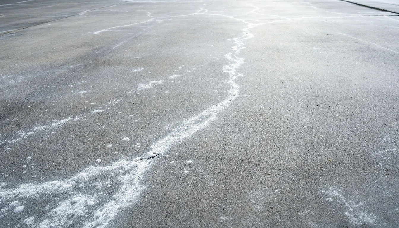Salt pitted concrete surface showing white residue and small spalls