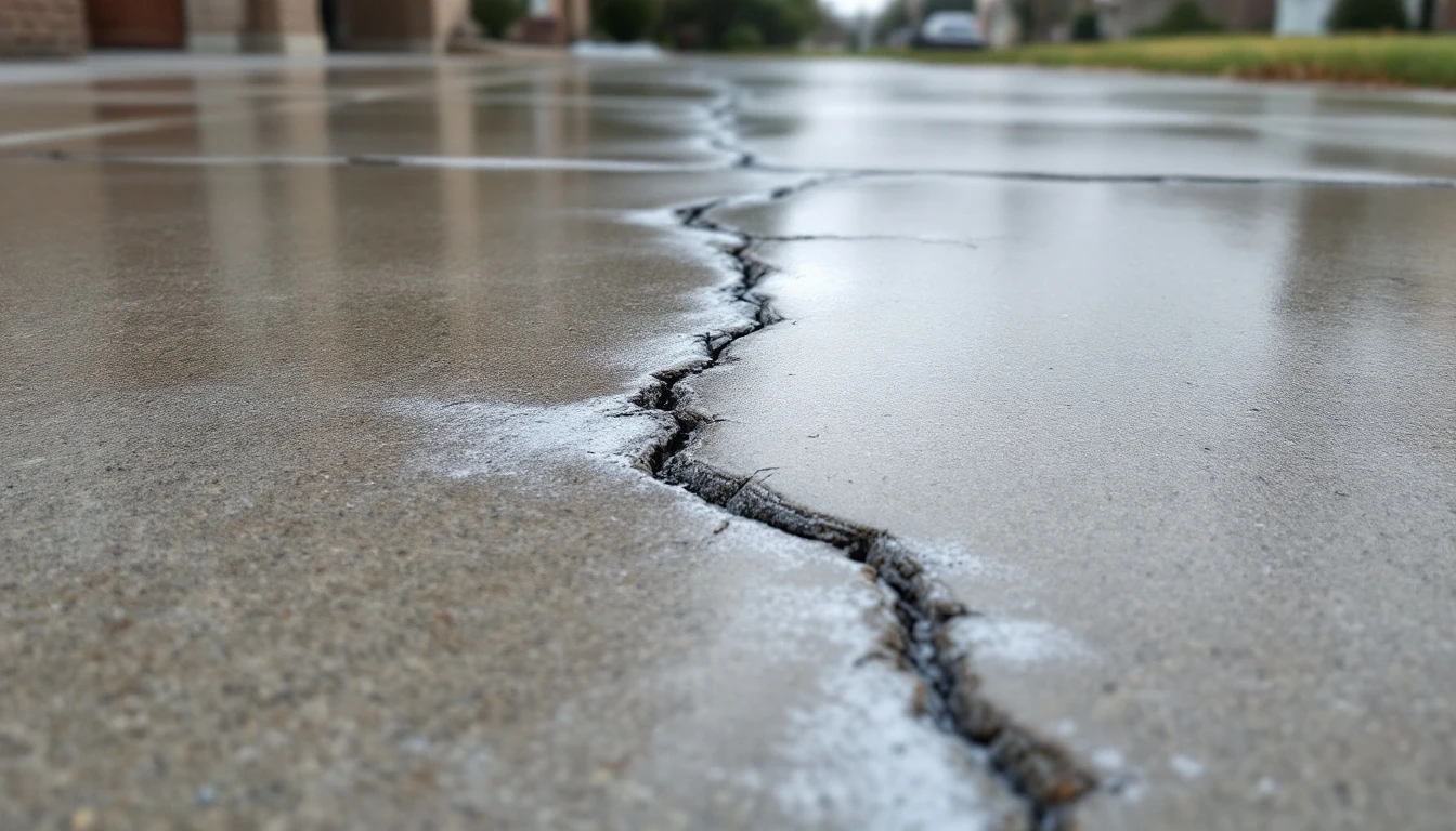 Salt stained cracks running across a concrete slab under gray sky