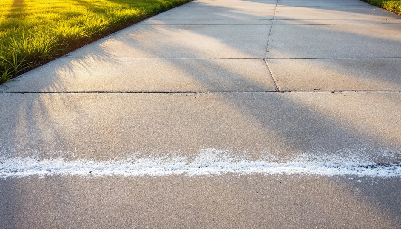 Weathered concrete driveway edges stained pale by salt residue