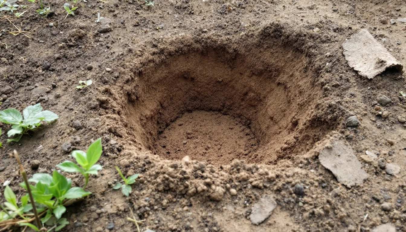 Small sample hole dug beside a bare earth drive strip