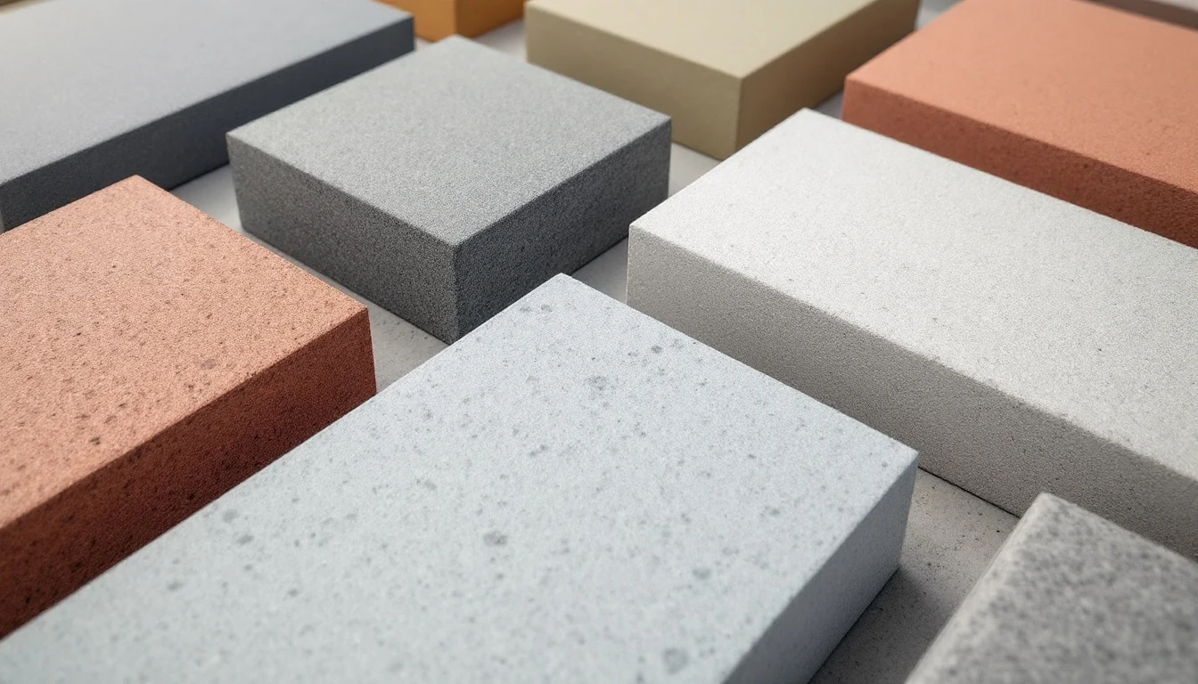 Row of small concrete test panels with varied surface finishes