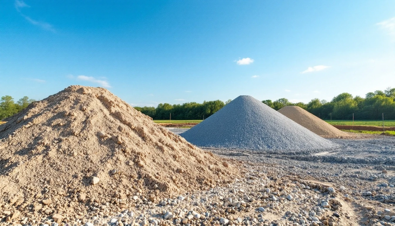 Separate mounds of sand gravel and cement awaiting mixing