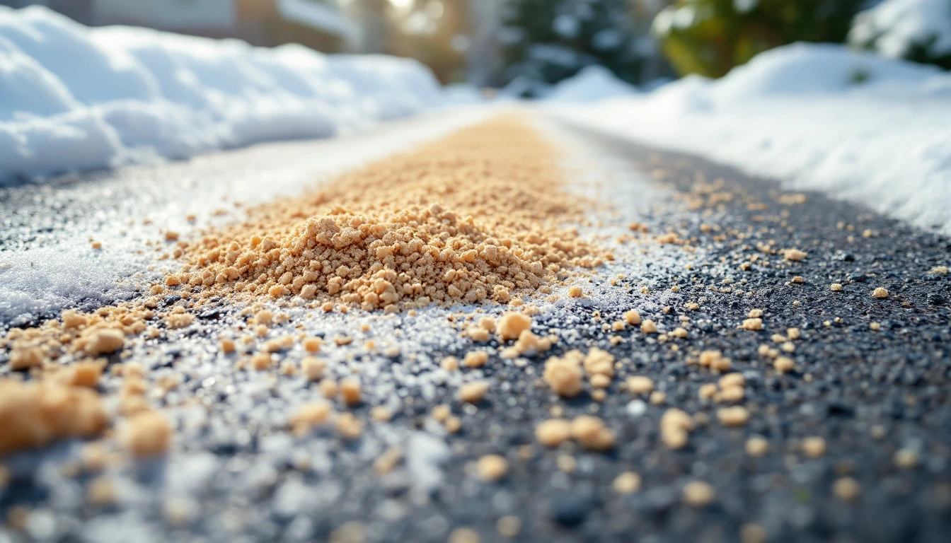 Sand grit spread over an icy residential driveway for traction