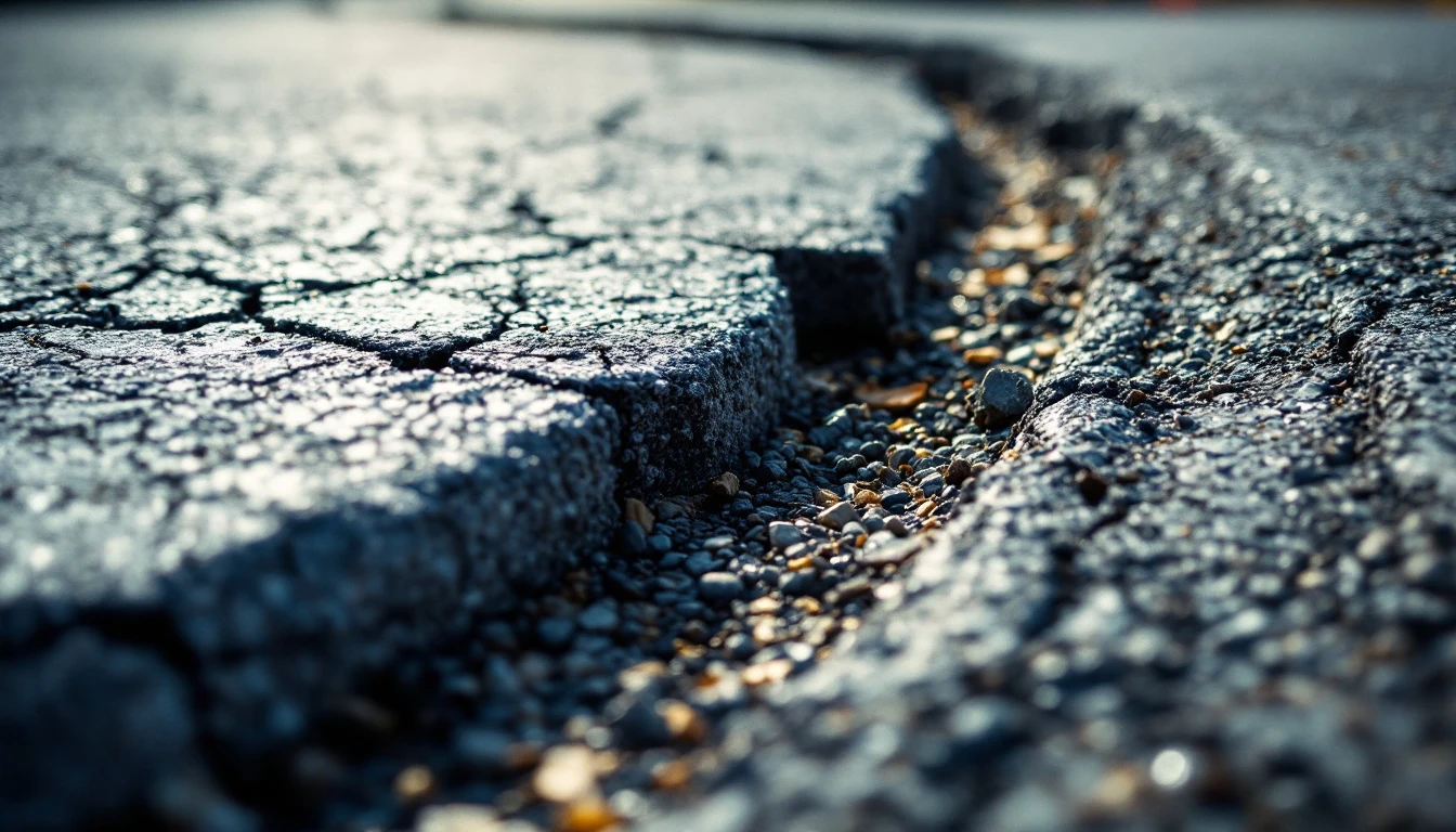 Freshly sawn edge along cracked asphalt at a work site