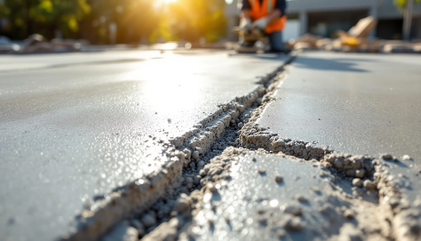 Fresh saw cut control joints across a new concrete slab