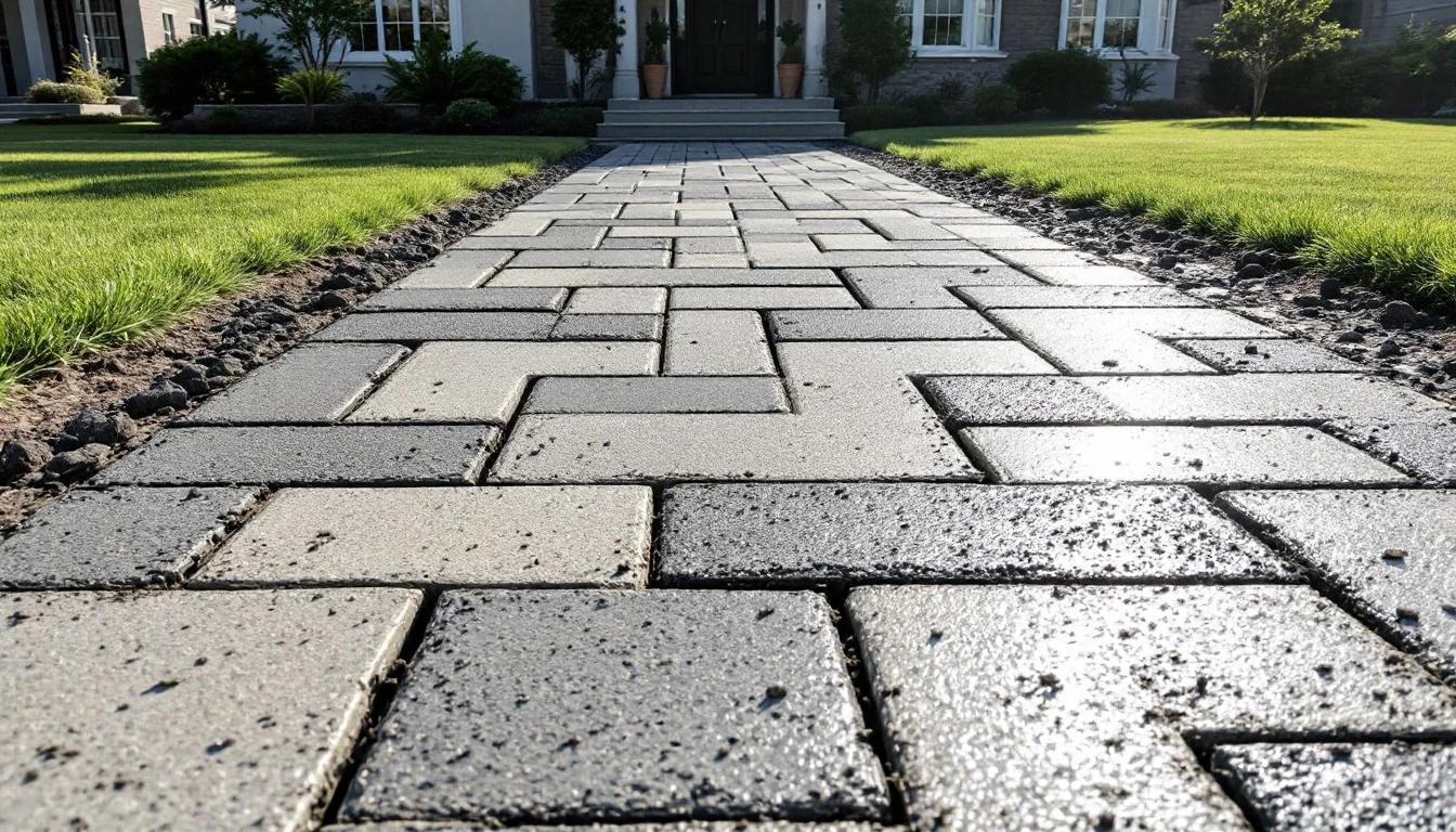 Geometric saw cut grid across a clean new concrete driveway