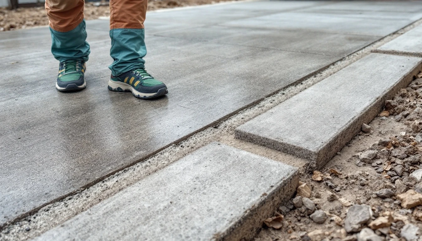 Sawn grooves and wide gaps crossing a new concrete surface