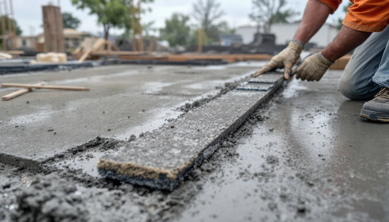 Screed board leveling a fresh concrete pour between forms