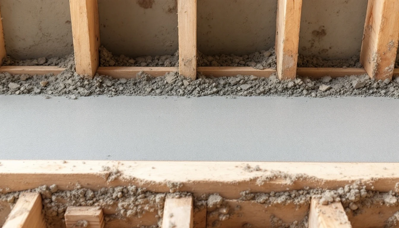Screed board resting across fresh concrete between timber edge forms