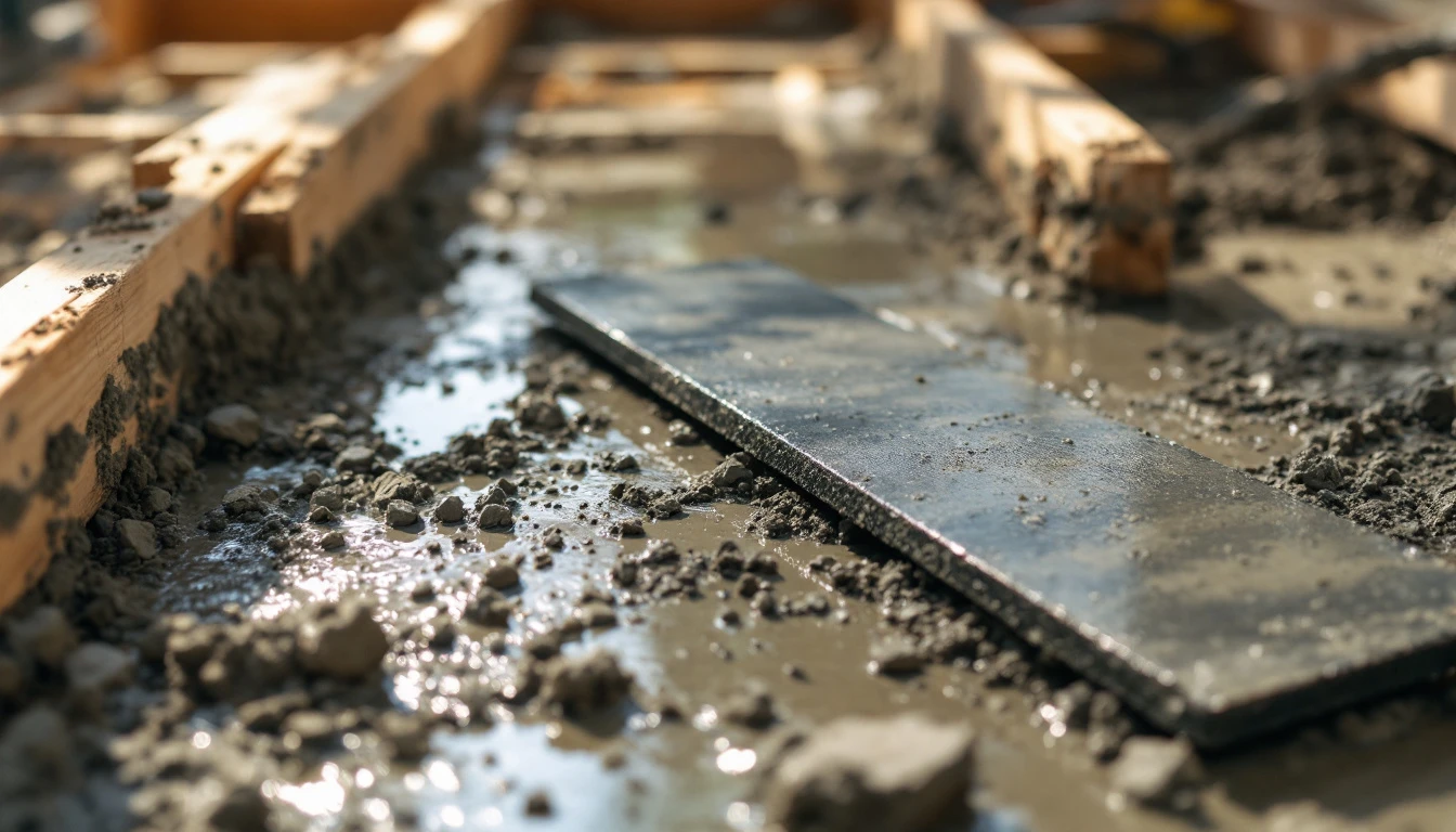 Screed board resting across fresh wet concrete between wooden form boards