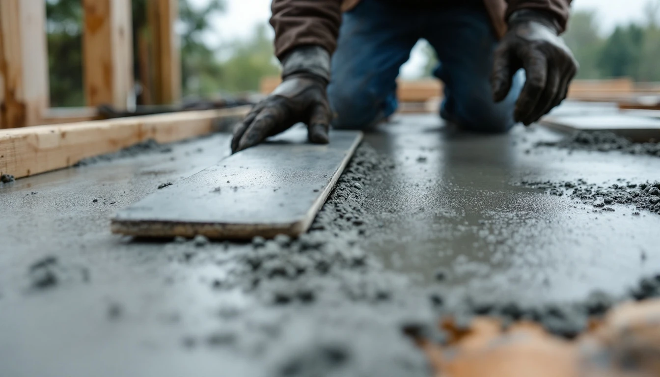 Screed board resting on a wet concrete slab between wooden form boards