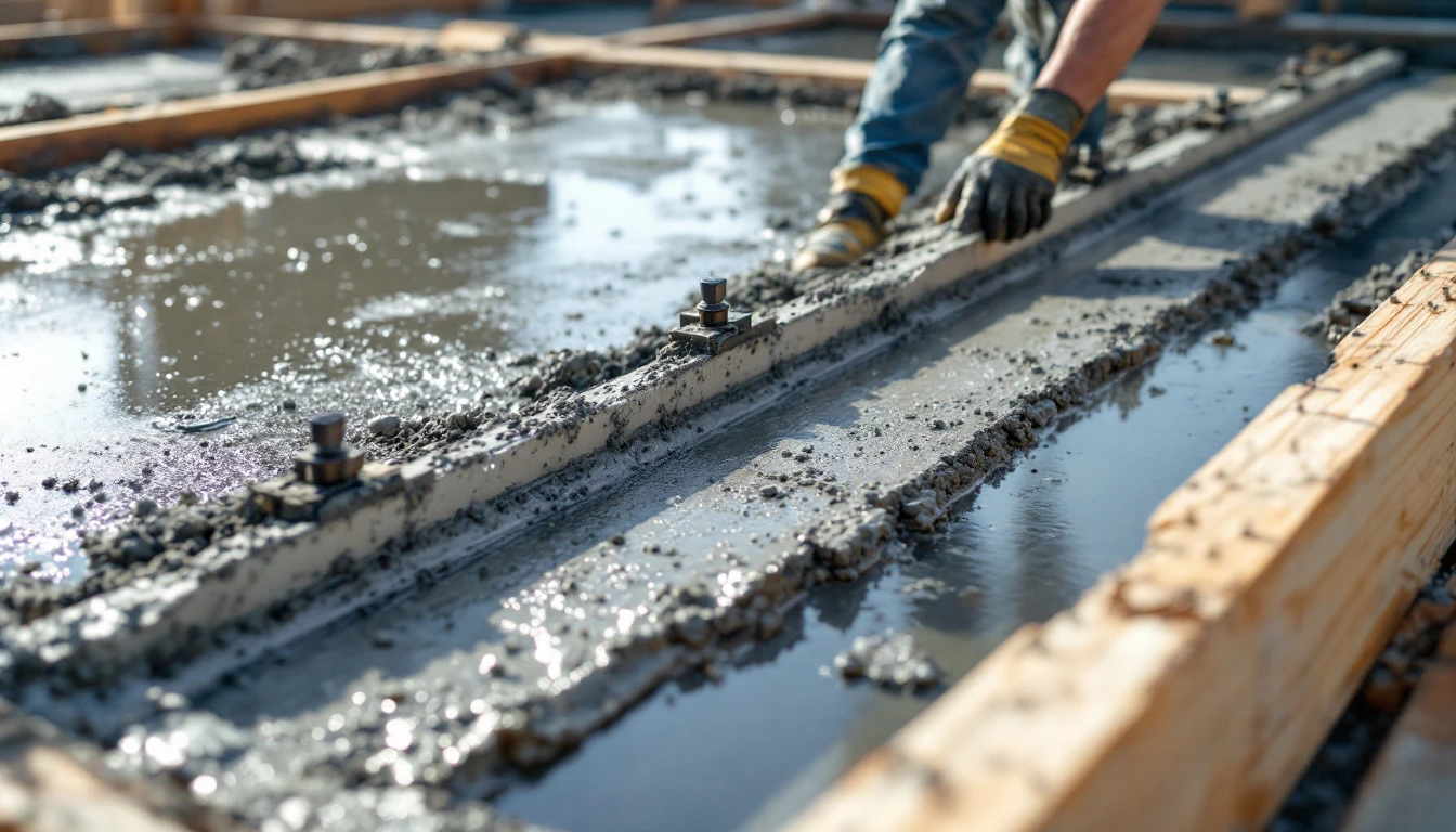 Screed rails guiding a wet concrete pour between wooden forms