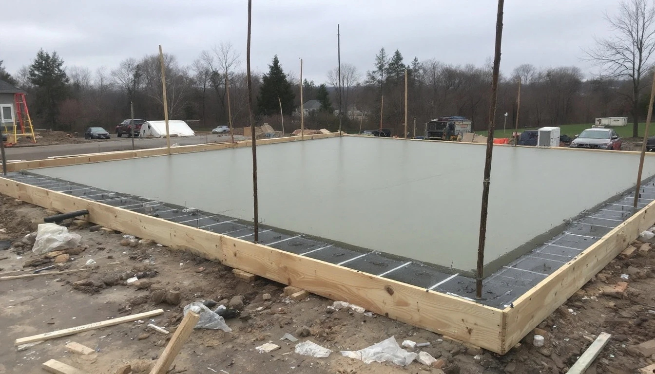 Freshly screeded concrete slab framed by wooden form stakes