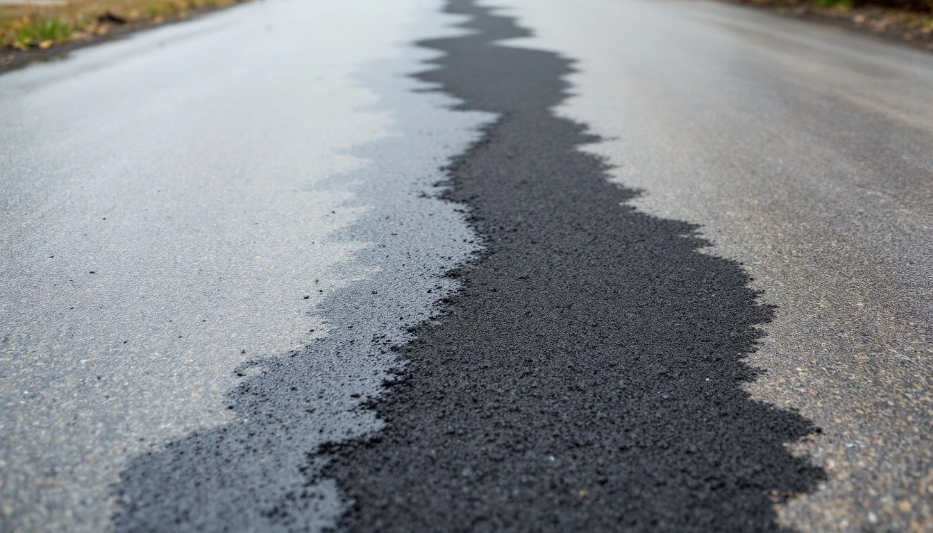 Fresh black sealant band spreading across weathered asphalt in progress