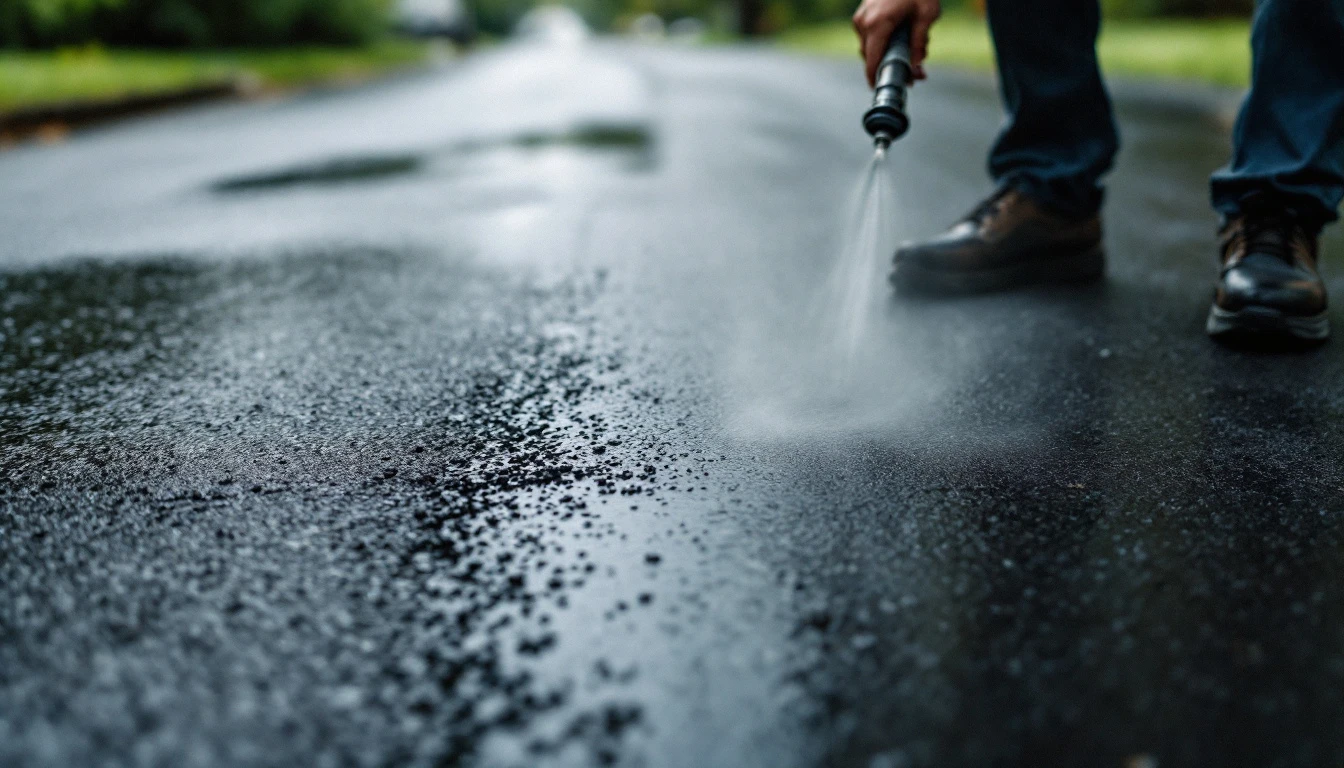 Fine sealant mist darkening one half of a worn blacktop drive