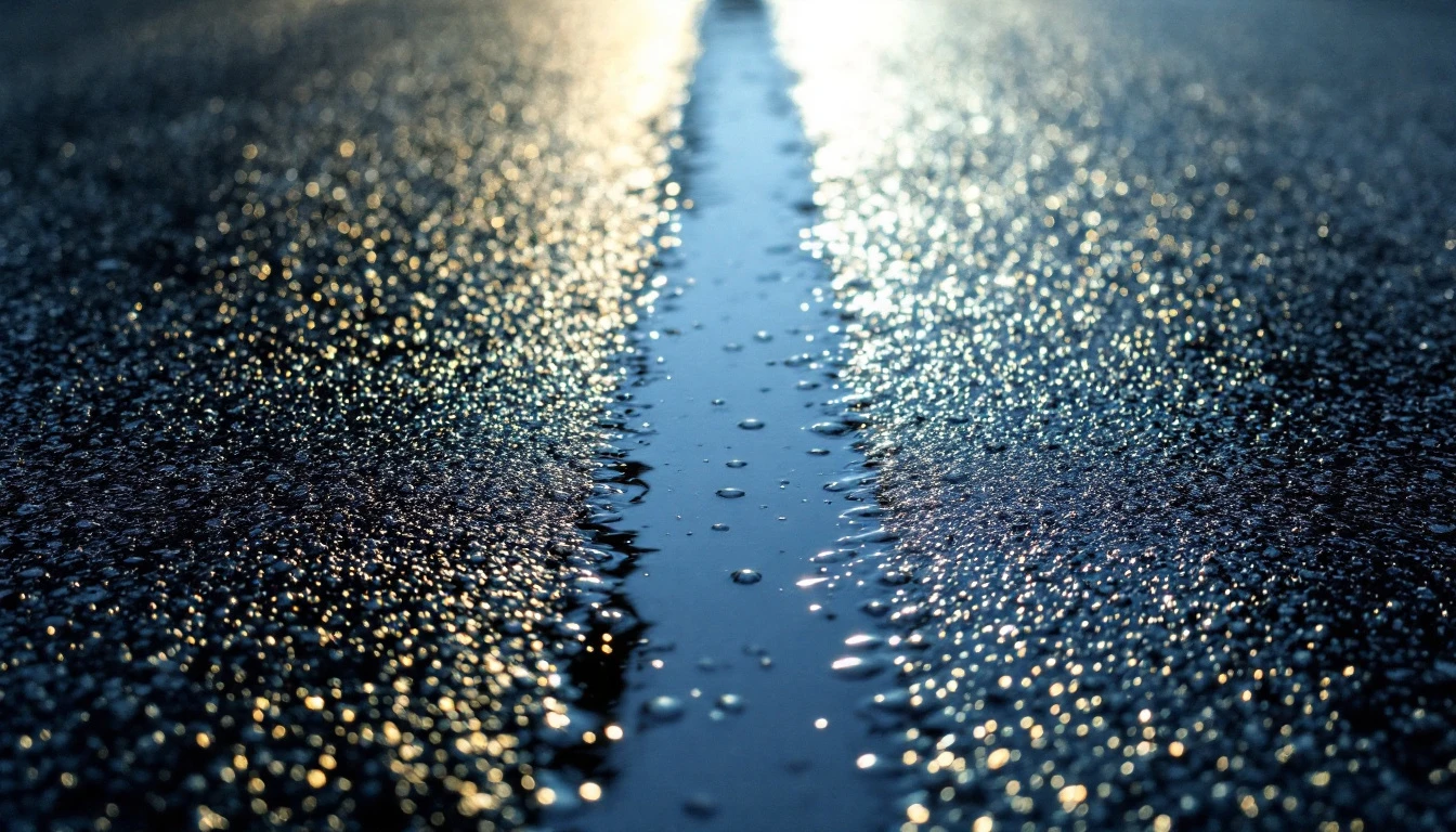 Sealcoat brush strokes glistening across a damp blacktop surface