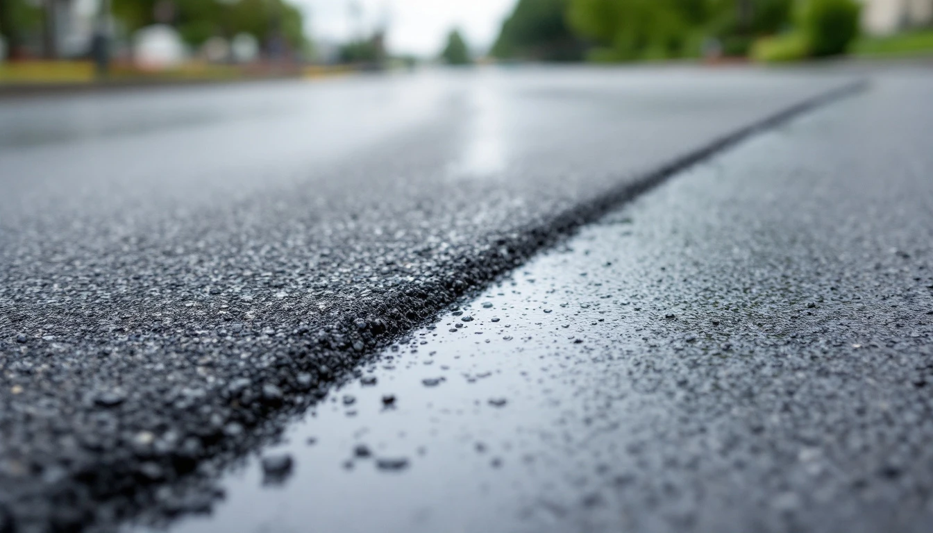Wet sealcoat band spread across part of an asphalt surface