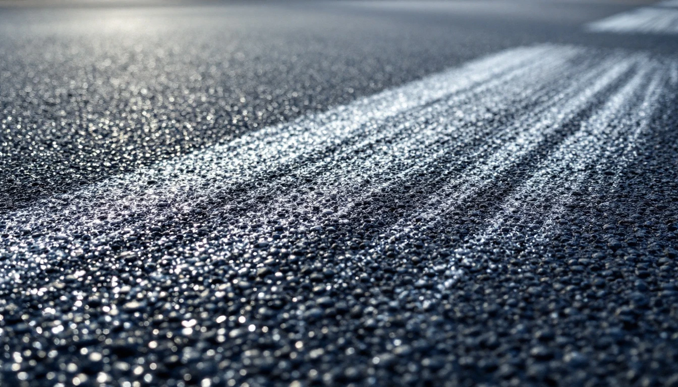 Fresh sealcoat brush strokes across a dark asphalt driveway surface