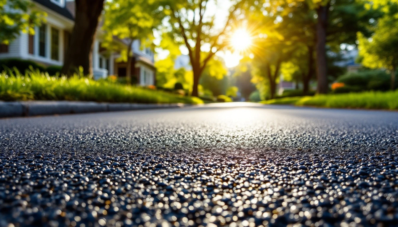 Glossy sealed asphalt drive at eye level in midday sun