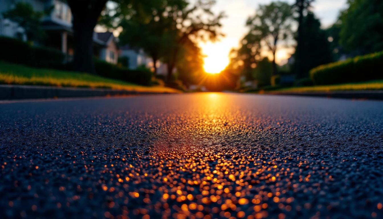 Freshly sealed asphalt drive glowing in warm evening light