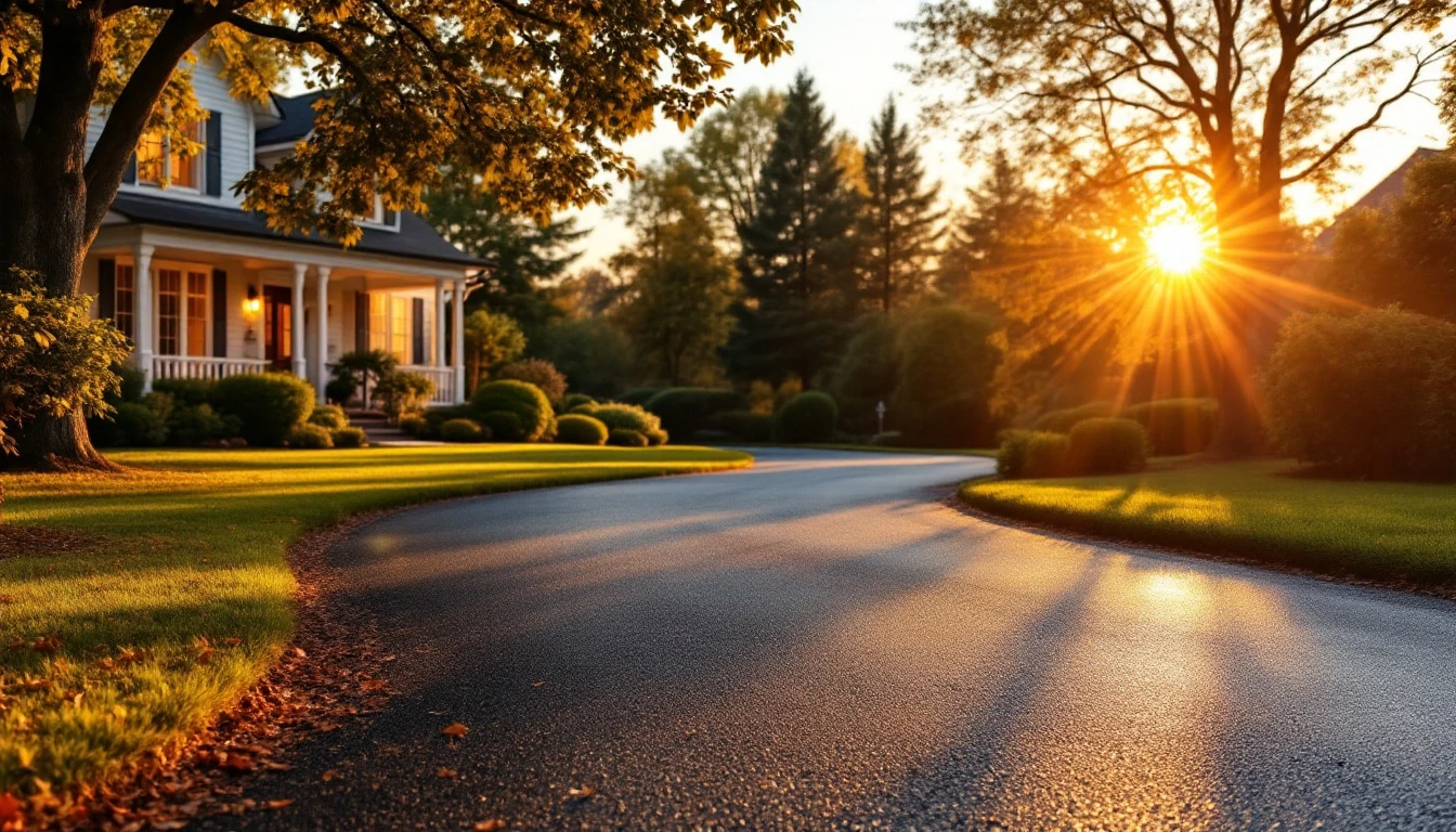 Freshly sealed asphalt glowing in warm evening light beside a lawn