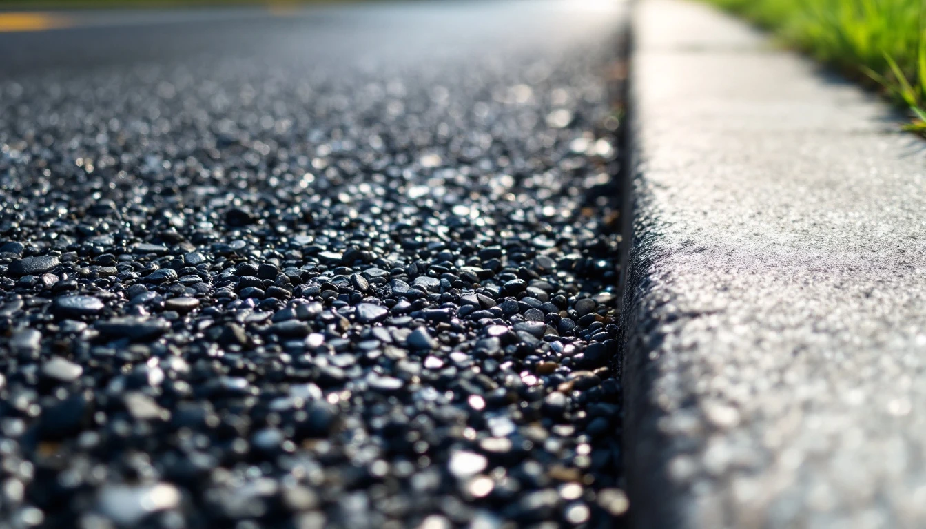 Glossy sealed asphalt surface meeting a concrete gutter at the curb