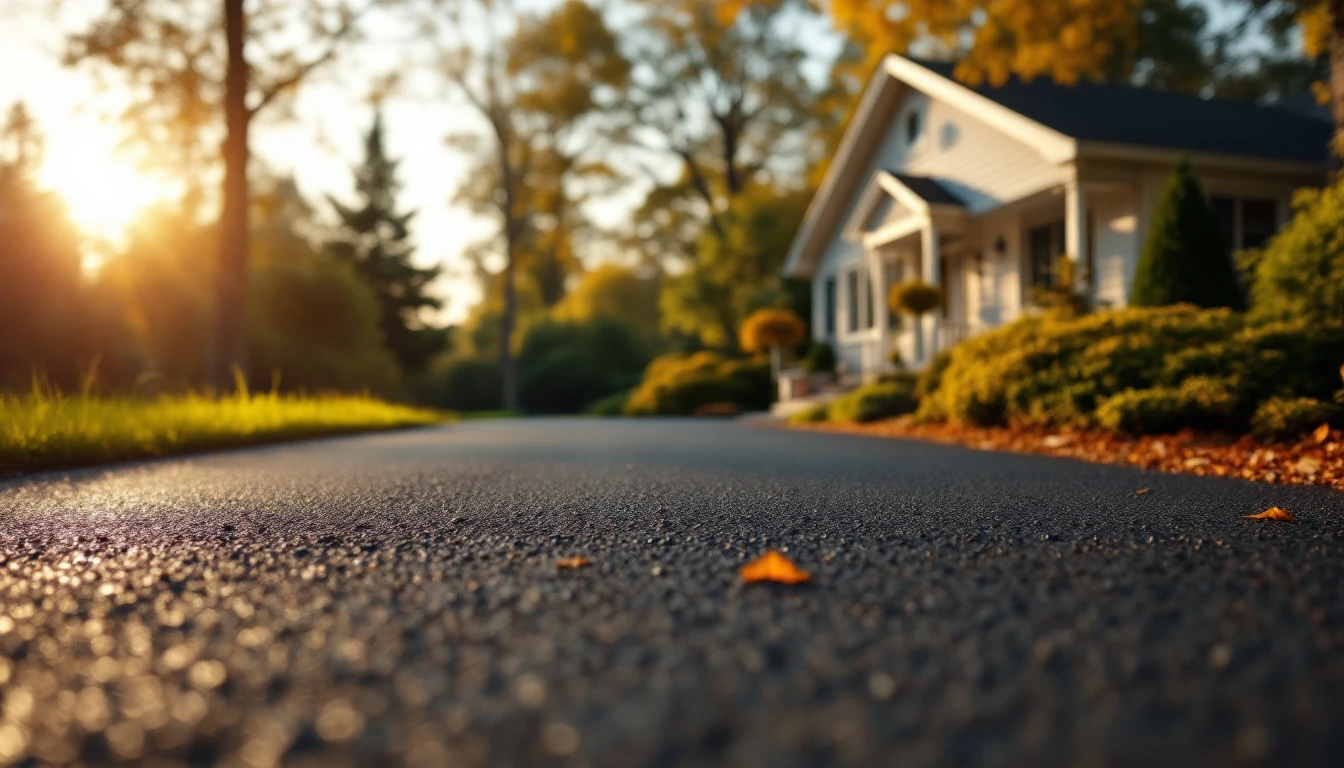 Sealed asphalt front drive gleaming beside a modest home at dusk
