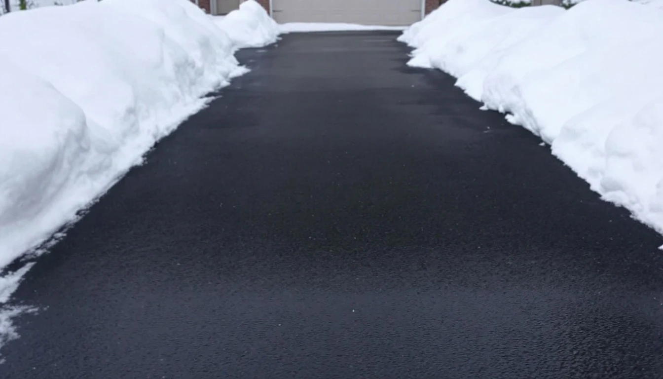 Sealed asphalt drive with cleared snow piled along both edges