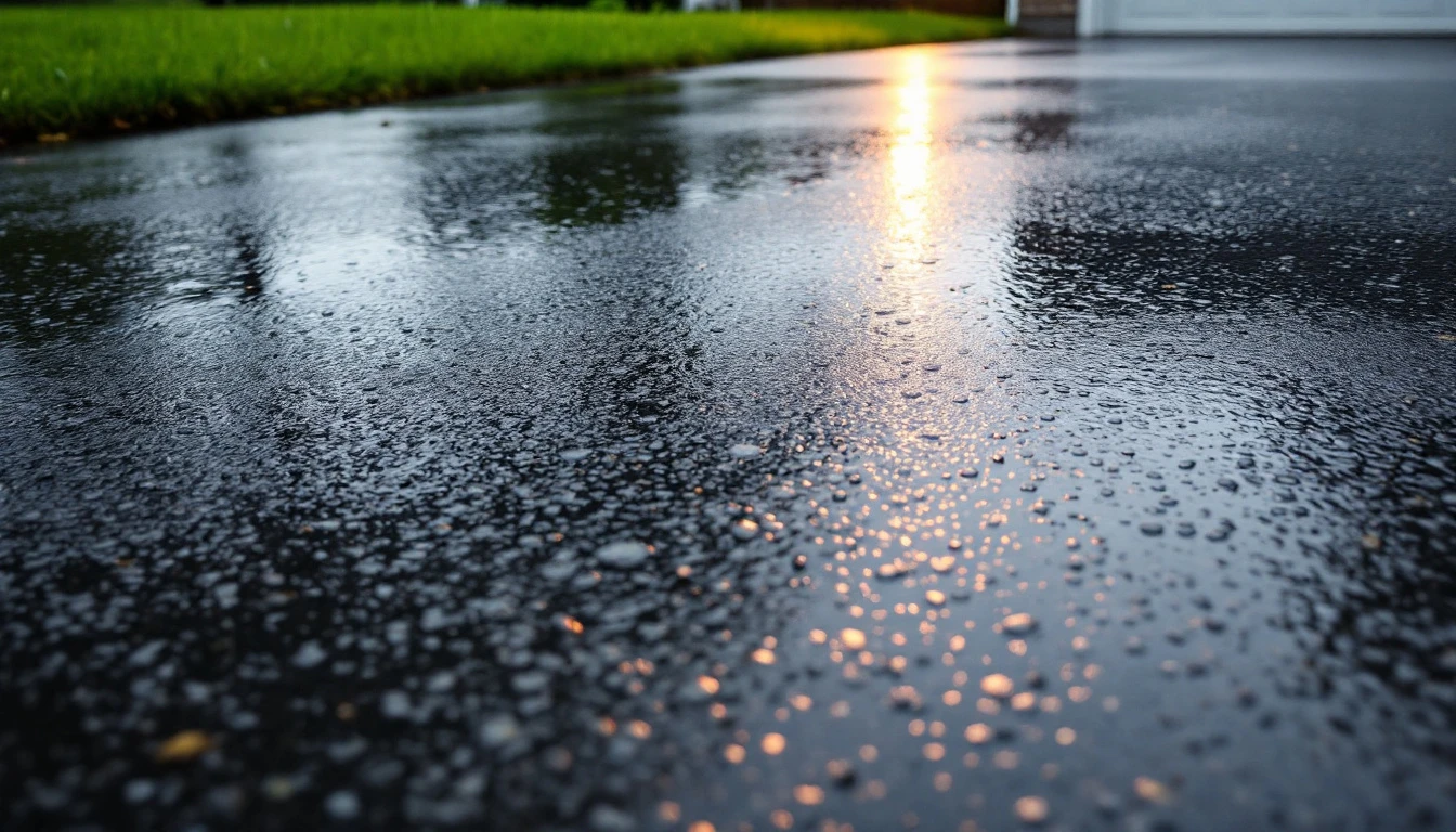 Sealed asphalt with wet reflections beside the curb