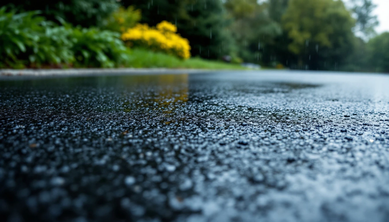 Sealed asphalt pavement glistening with rain water in soft light