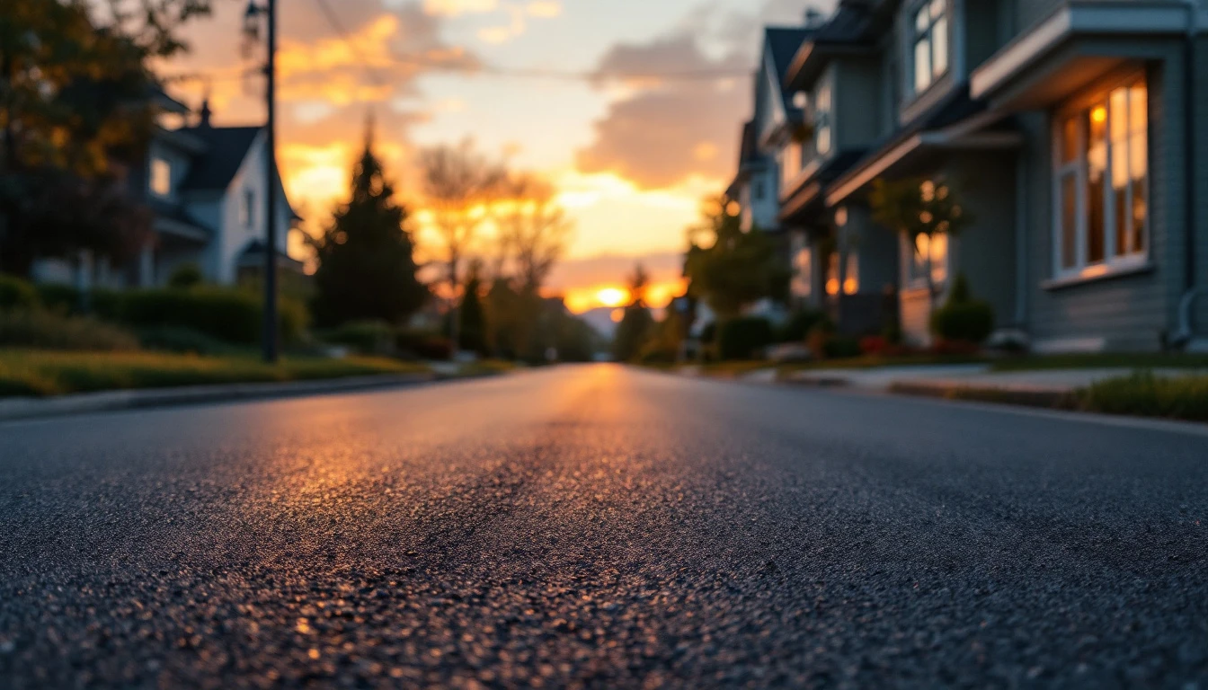 Sealed blacktop frontage glowing softly in late evening light