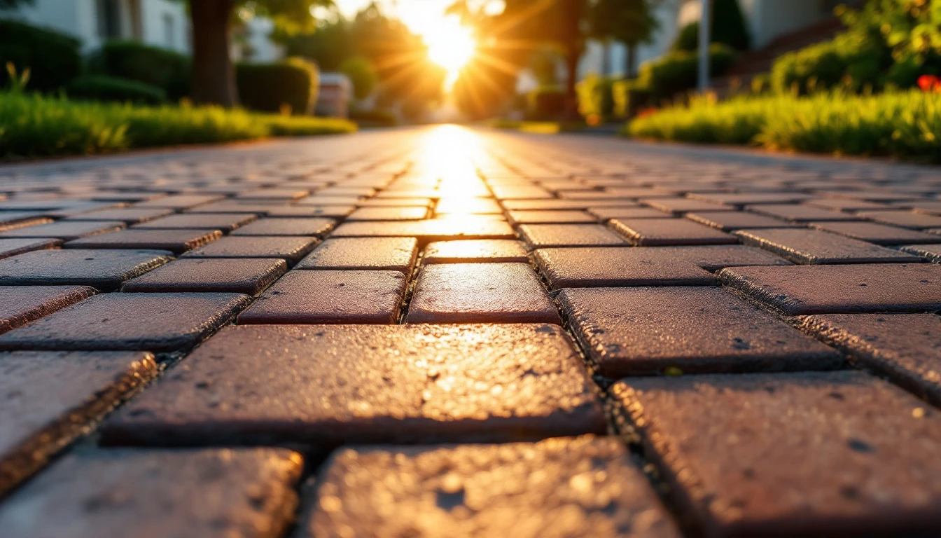Sealed brick paver drive reflecting warm late afternoon light
