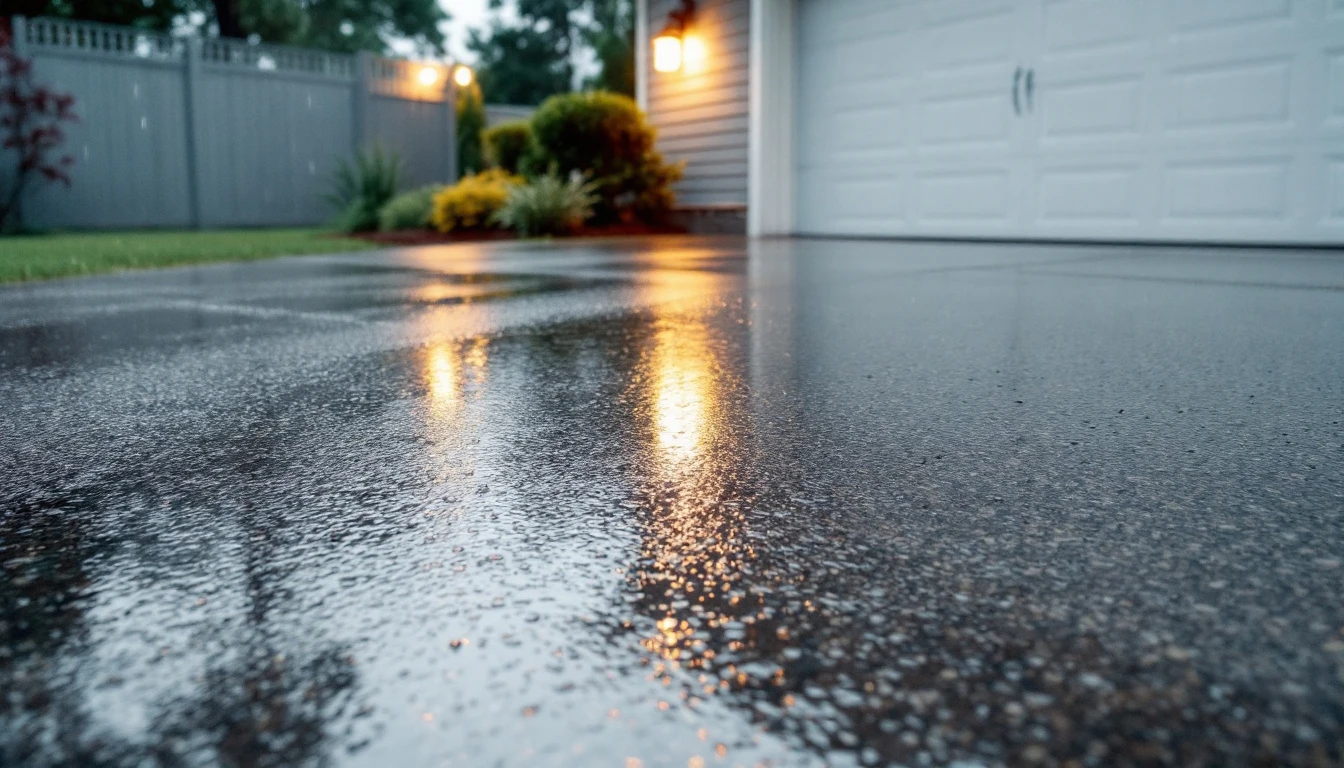 Sealed concrete driveway glistening with rain outside a garage