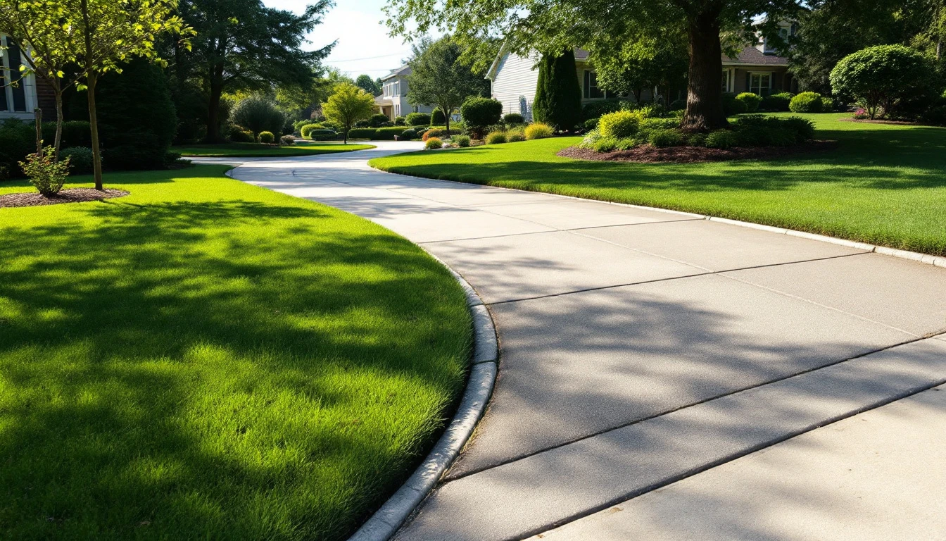 Sealed concrete drive with crisp lawn edges under bright midday sun