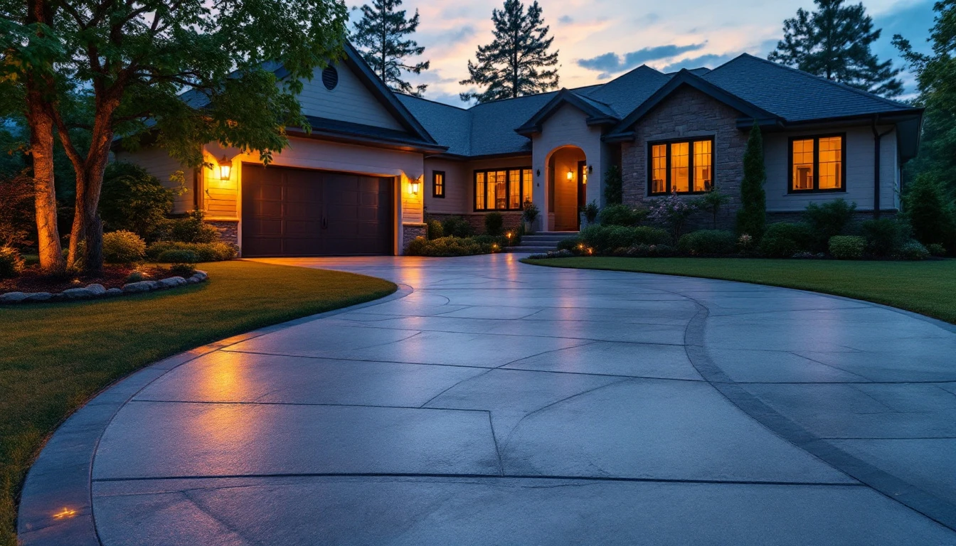 Sealed concrete drive glowing in warm evening light