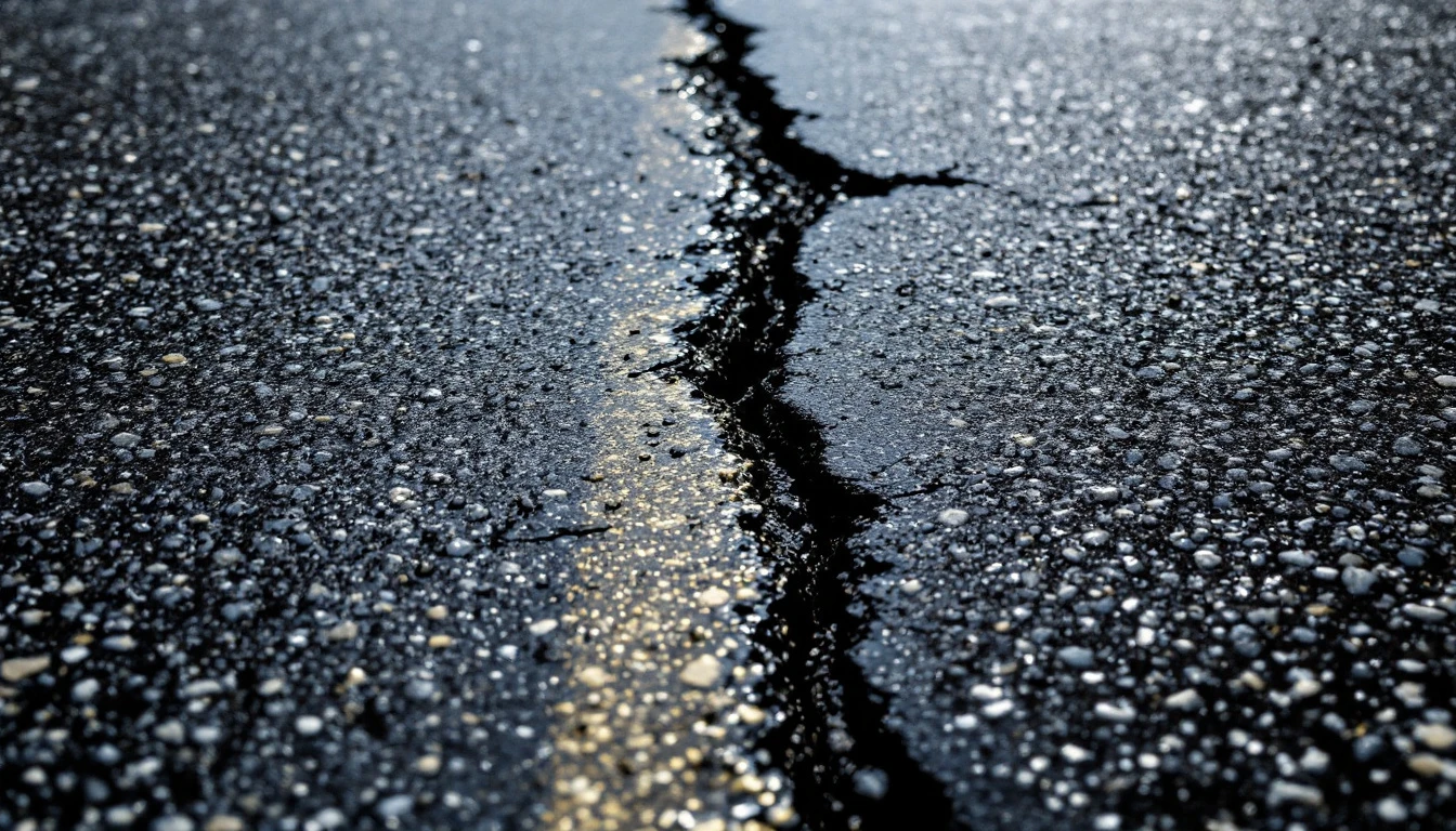 Two repaired cracks side by side on an asphalt surface