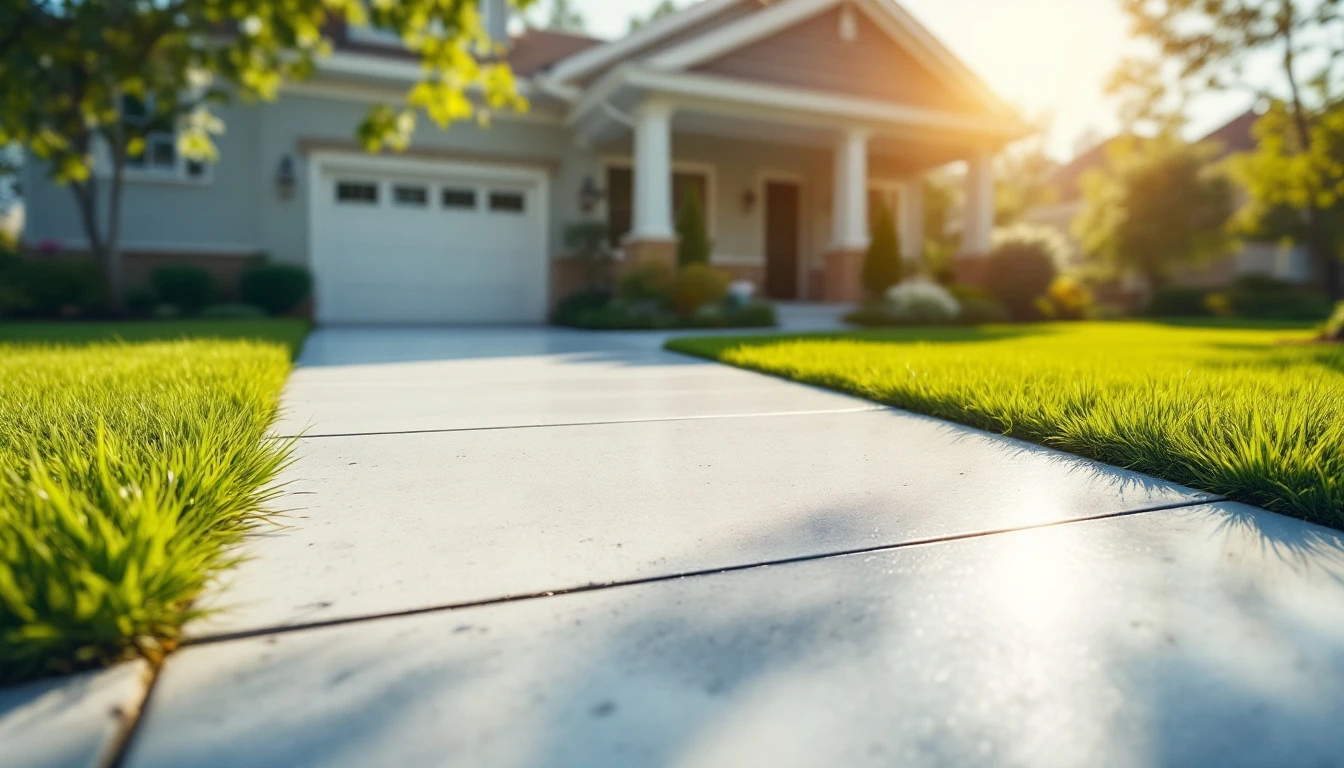 Clean sealed concrete drive with manicured lawn under bright sun